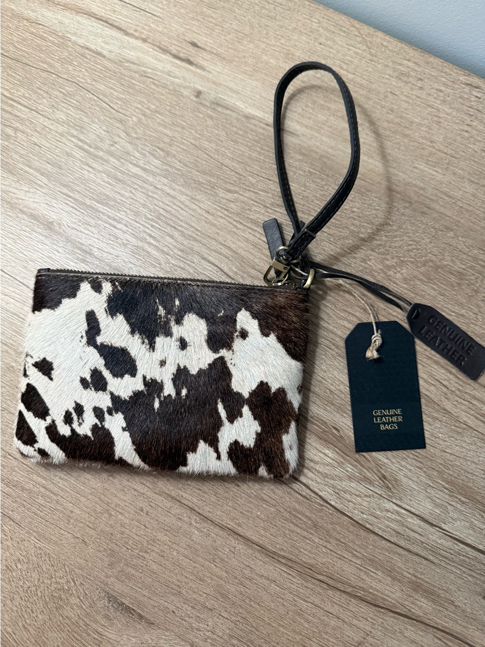 Genuine Leather Cowhide Wristlet Pouch in Brown & Cream, NWTs